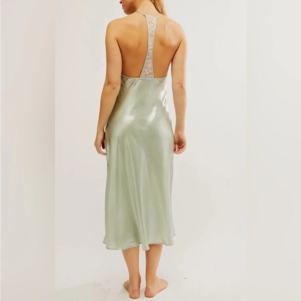 FREE PEOPLE Sunset Shimmer Midi Slip Dress Sage Green Foil NEW Size XL